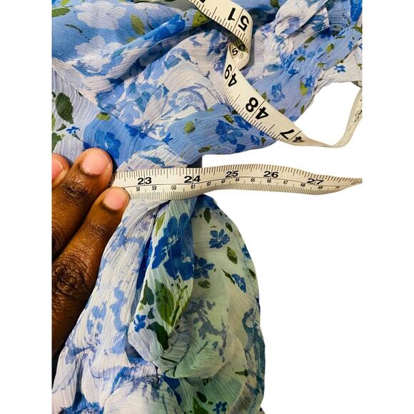 LC Lauren Conrad Floral Pleated Empire Waist Chiffon V Neck Midi Dress Blue 3X - Picture 3 of 12